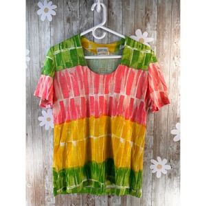 Christian Dior Vintage 70's-80's T Shirt Women's Sz S Green Pink Yellow Abstract